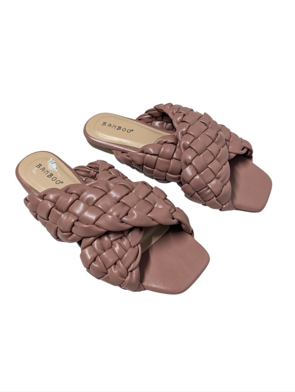 Bamboo Kick-61 Braided Woven Slide Sandals Mauve Taupe Faux Leather Square Toe 6